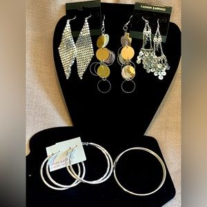 Lot of 6 pairs of fashion earrings silver tone big hoops long dangle sparkly